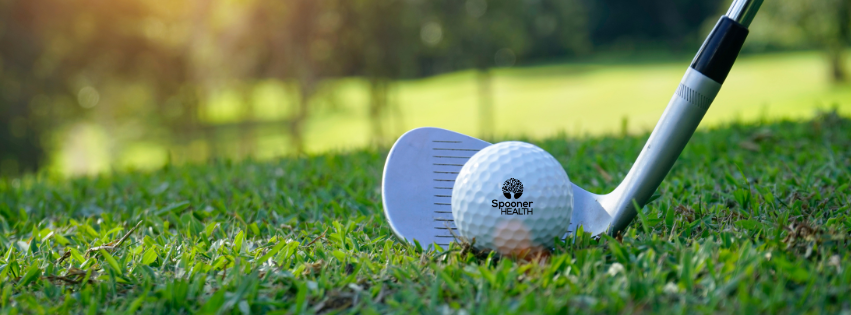 Golf Outing Poster (Facebook Cover) Golf club and ball on grass with "Spooner Health" logo, representing the Spooner Health Golf Outing event.