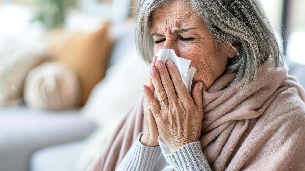 Senior woman holding a tissue, showing signs of illness and discomfort, in a cozy indoor setting, relevant to flu season health discussions.